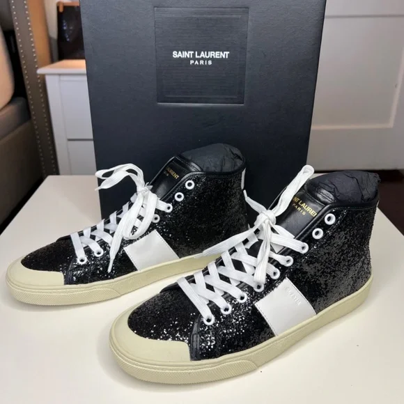 Saint Laurent Black Glittered SL/37 Court Classic Sneakers Size 8